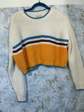 American Eagle Outfitters Cream, Mustard & Blue Cropped Stripe Knit Sweater